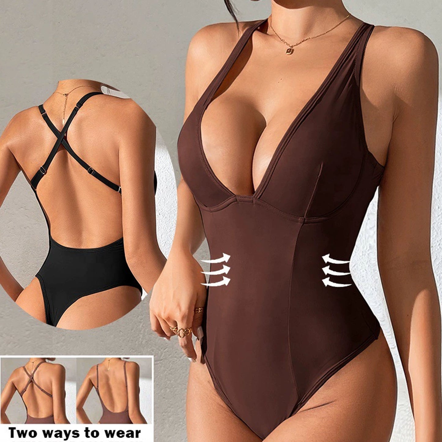 Women's V-Neck Thong Bodysuit Shapewear - Solid Cup, Low Back Body Shaper for Tummy Control & Butt Lift