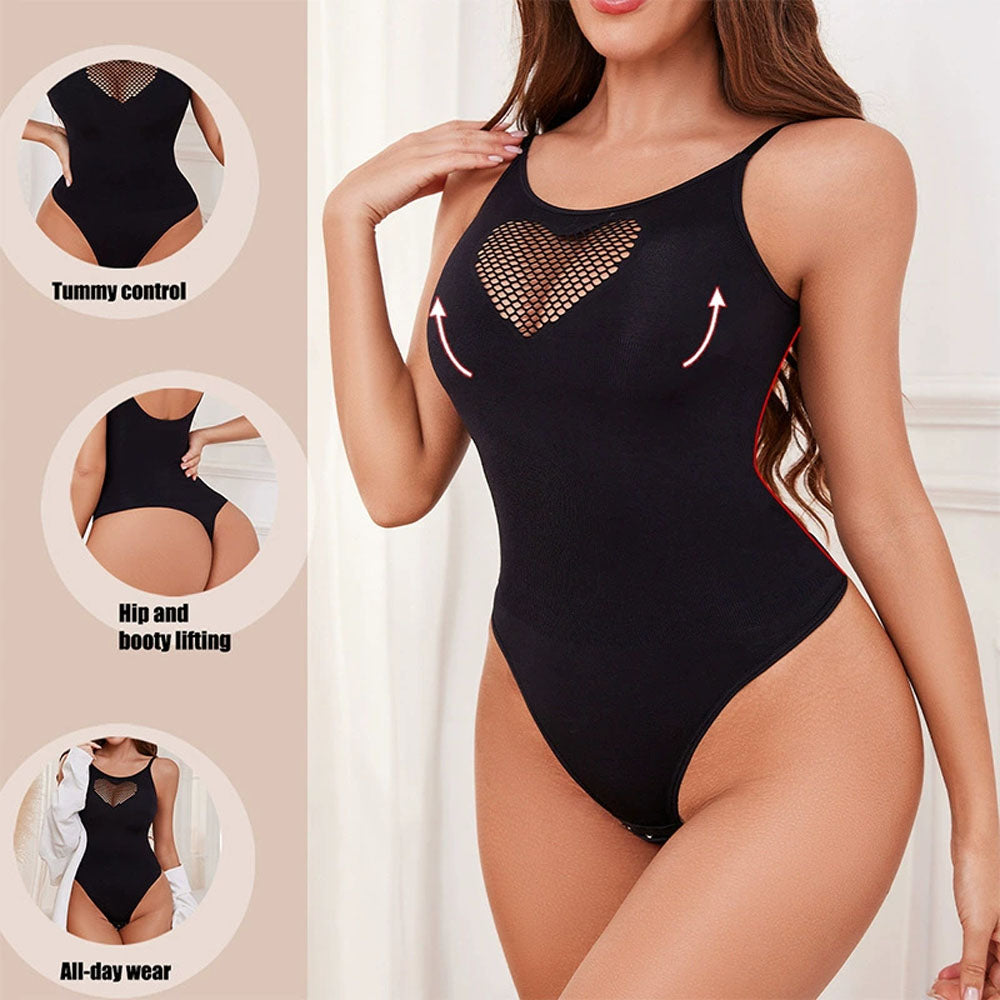 Sexy Slereveless Thong Bodysuits for Women One Piece Hollow Heart Mesh Stretchy Shirts Tummy Control Shaper Tank Tops