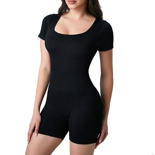 Women's Bodycon Short Sleeve Backless Rompers Yoga Sweetheart Neck Workout Shorts Bodysuit One Piece Jumpsuits