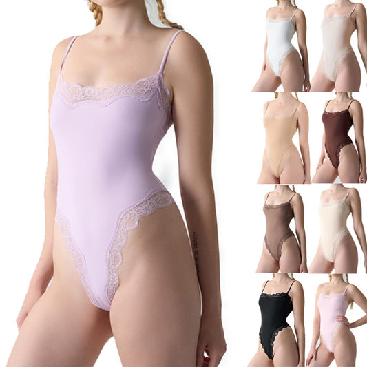 Women Square Neck Lace Bodysuit Sleeveless Spaghetti Strap Tank Top