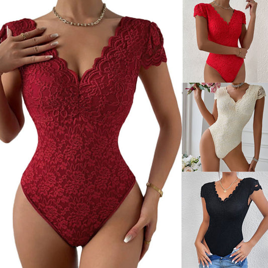 Women One Piece Lingerie Deep V Teddy Sexy Lace Bodysuit Snap Crotch Babydoll