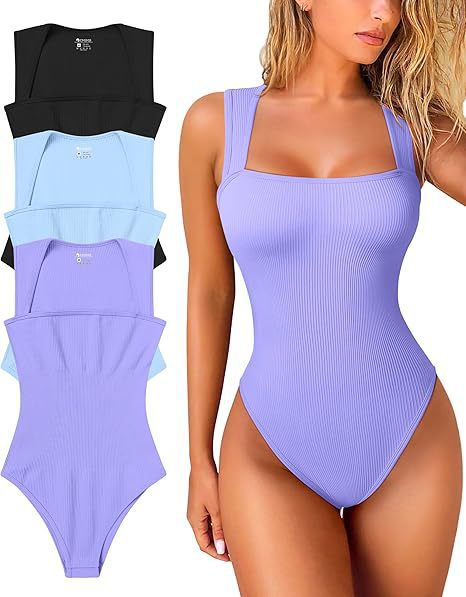 Womens  Fitness Wear Bodysuits Stretchy Underwear Sexy Ribbed Square Neck Sleeveless Stretchy Tank Tops Bodysuits Soft Lady