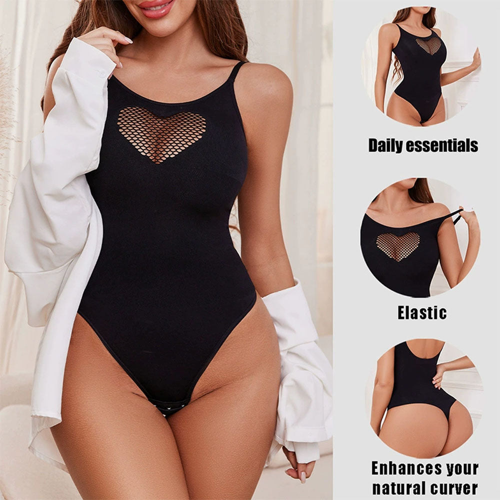 Sexy Slereveless Thong Bodysuits for Women One Piece Hollow Heart Mesh Stretchy Shirts Tummy Control Shaper Tank Tops