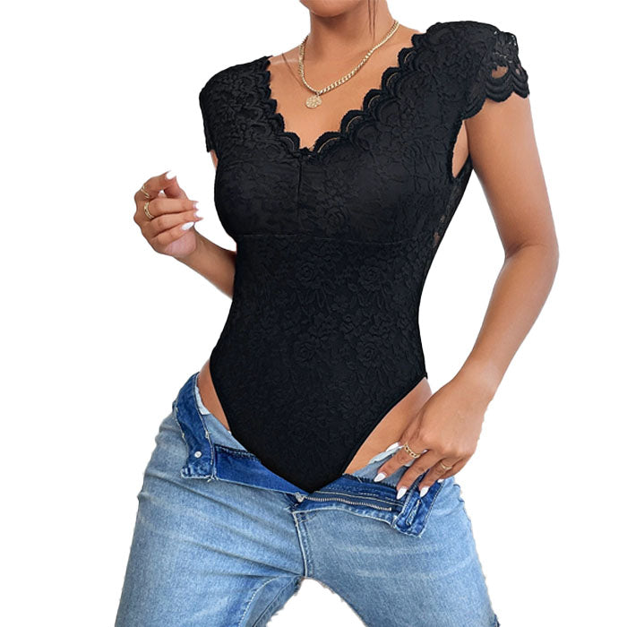 Women One Piece Lingerie Deep V Teddy Sexy Lace Bodysuit Snap Crotch Babydoll