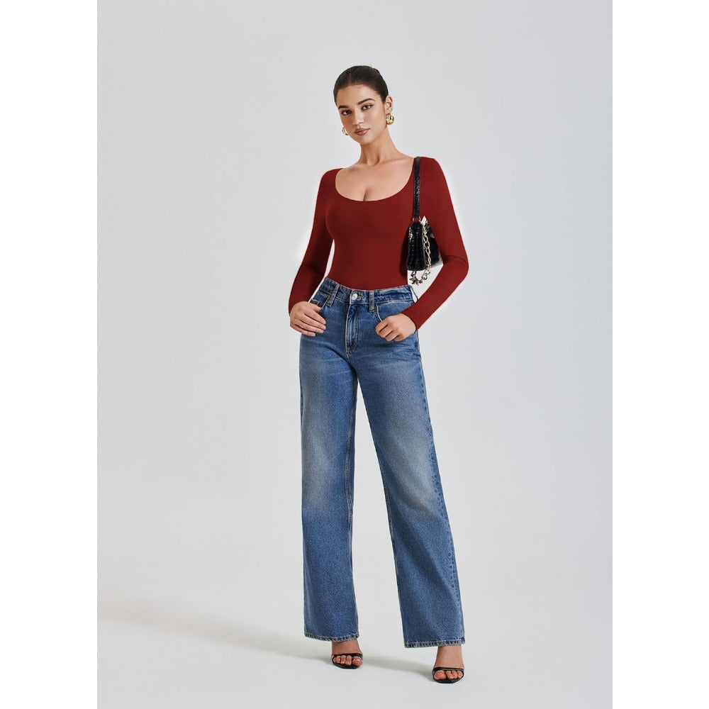Bodysuits for Women Long Sleeve Body Suits Womens Scoop Neck Bodysuit Double Lined Tops