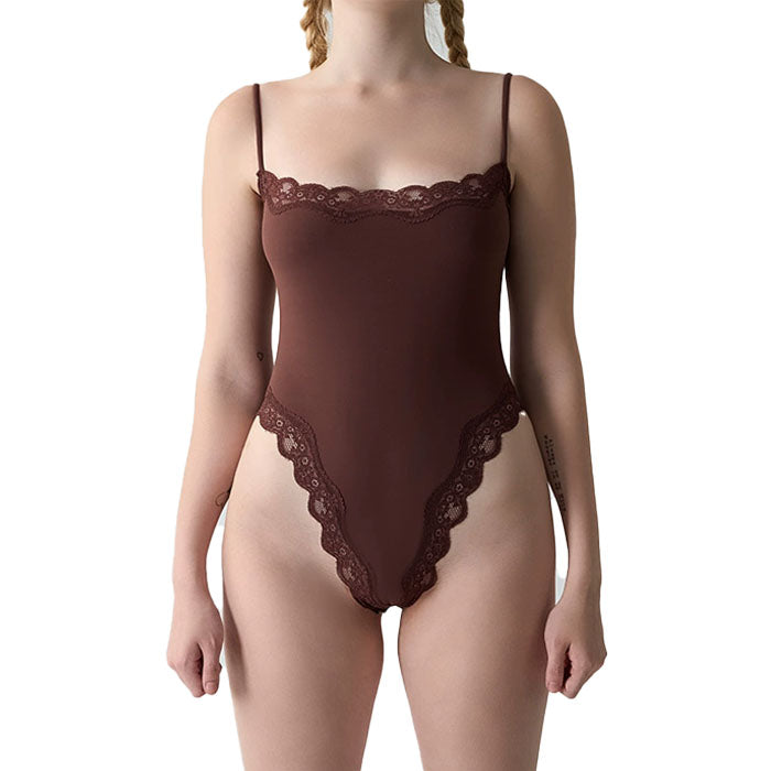 Women Square Neck Lace Bodysuit Sleeveless Spaghetti Strap Tank Top