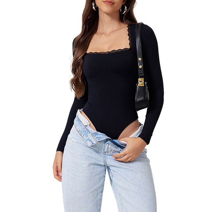 Women's Lace Bodysuit Sexy Square Neck Long Sleeve Body Suits Thong Slim Fit  Y2K Going Out Tops