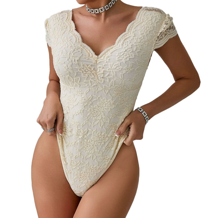 Women One Piece Lingerie Deep V Teddy Sexy Lace Bodysuit Snap Crotch Babydoll