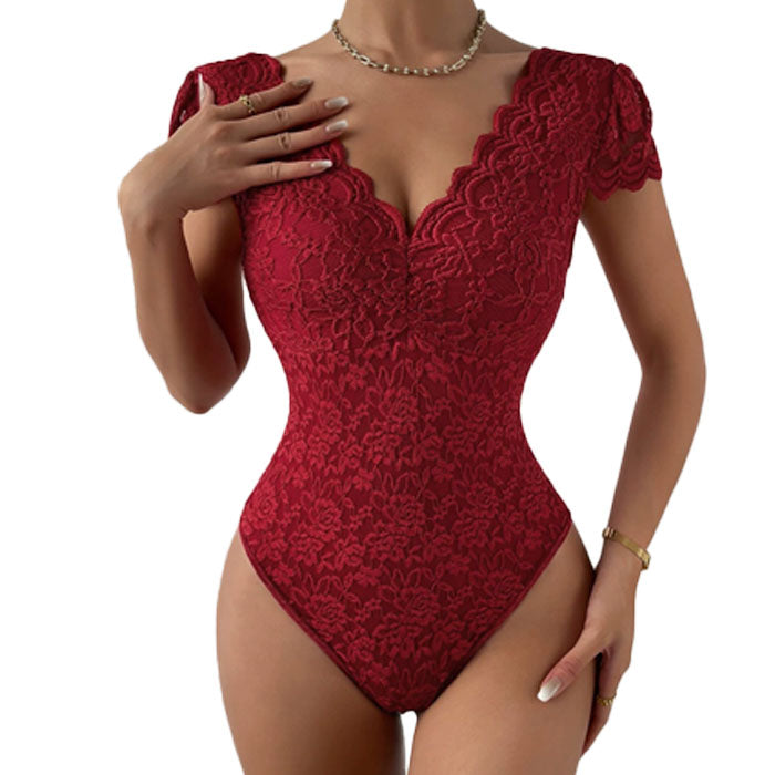 Women One Piece Lingerie Deep V Teddy Sexy Lace Bodysuit Snap Crotch Babydoll