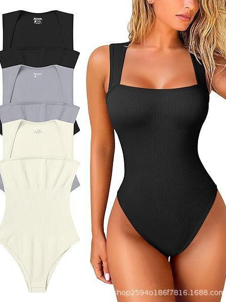 Womens  Fitness Wear Bodysuits Stretchy Underwear Sexy Ribbed Square Neck Sleeveless Stretchy Tank Tops Bodysuits Soft Lady