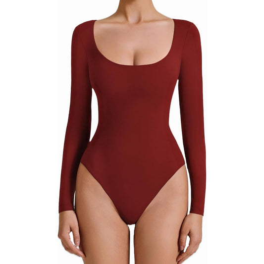 Bodysuits for Women Long Sleeve Body Suits Womens Scoop Neck Bodysuit Double Lined Tops