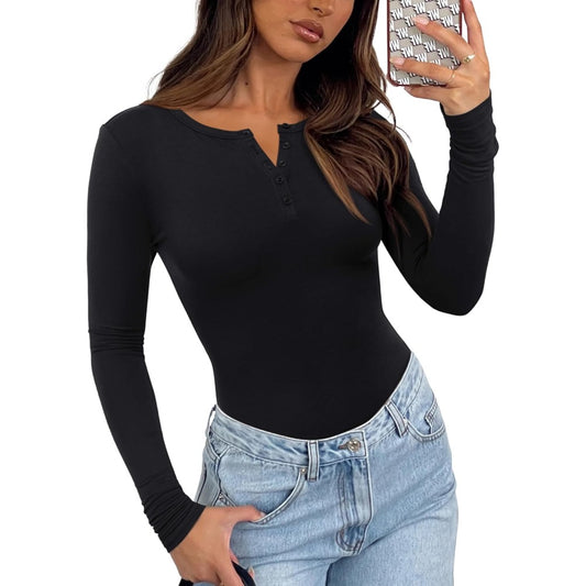Womens V Neck Henley Bodysuit