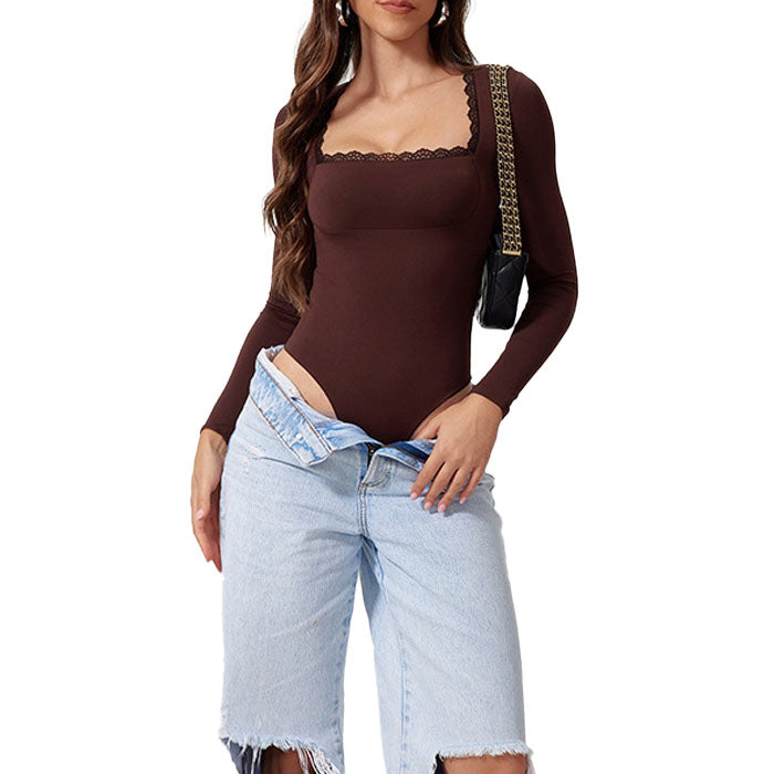 Women's Lace Bodysuit Sexy Square Neck Long Sleeve Body Suits Thong Slim Fit  Y2K Going Out Tops