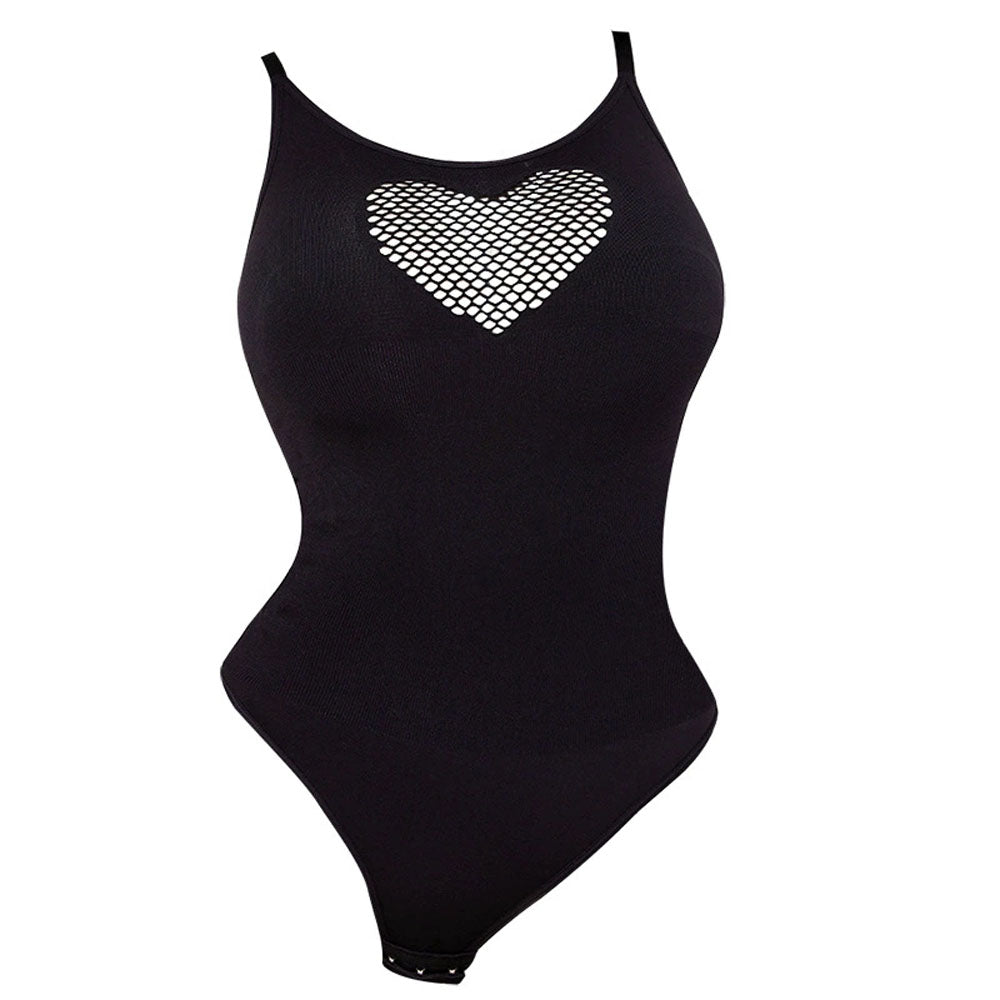 Sexy Slereveless Thong Bodysuits for Women One Piece Hollow Heart Mesh Stretchy Shirts Tummy Control Shaper Tank Tops