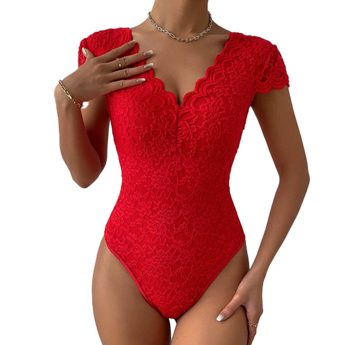 Women One Piece Lingerie Deep V Teddy Sexy Lace Bodysuit Snap Crotch Babydoll