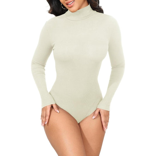 Womens Stretchy Long Sleeve Turtleneck Ribbed Knit Fitted Basic Bodysuit Shirt
