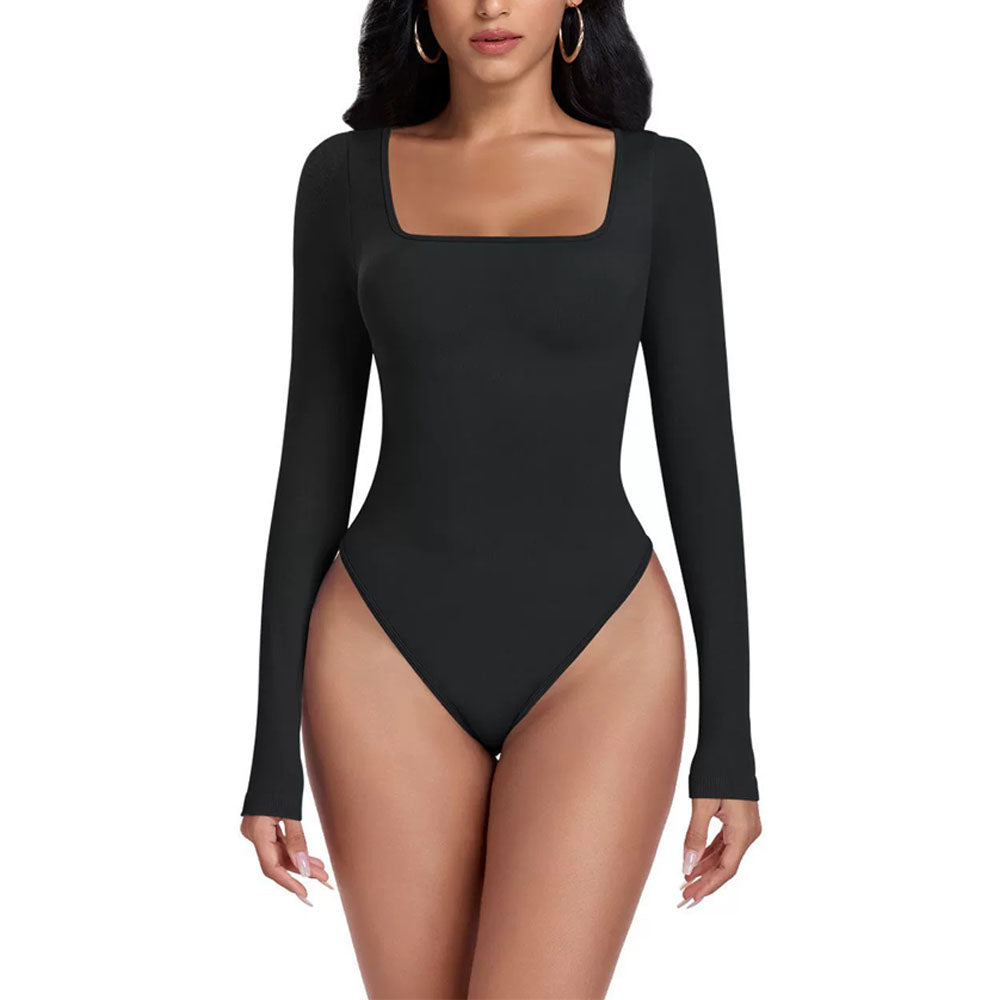 Women's Sexy Square Neck Bodysuit Long Sleeve Double Lined Shirt Tops