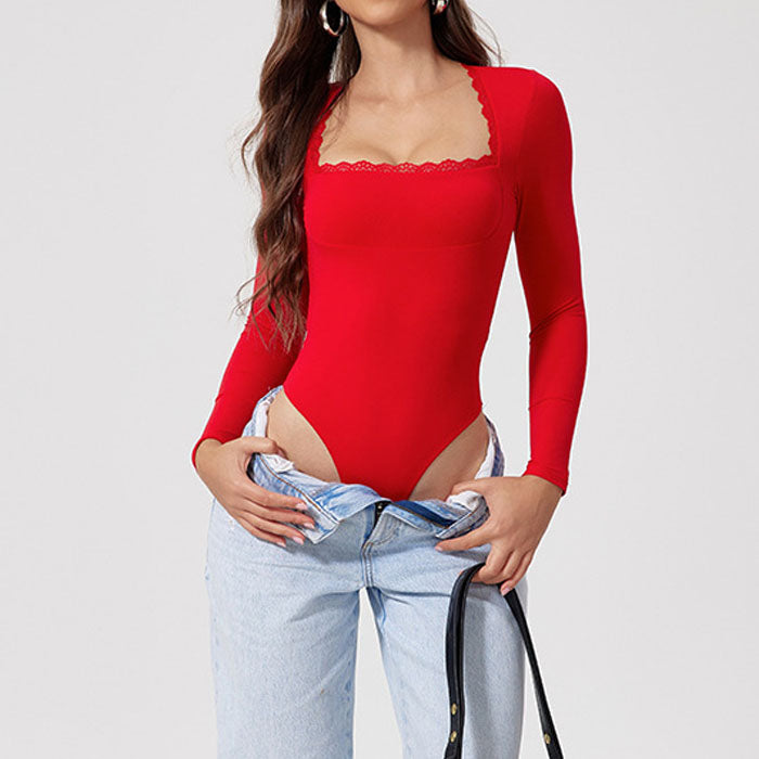 Women's Lace Bodysuit Sexy Square Neck Long Sleeve Body Suits Thong Slim Fit  Y2K Going Out Tops