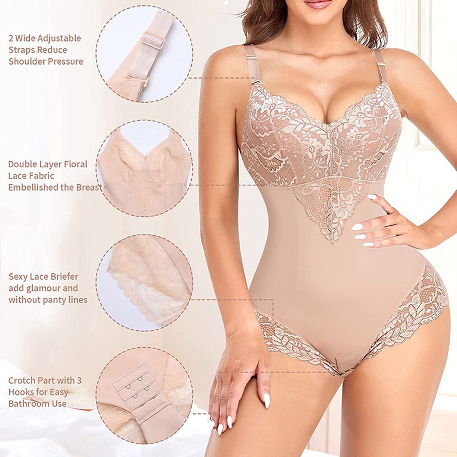 Lace Shapewear Bodysuit for Women Tummy Control Body Shaper Slimming One Piece Bodysuit Thong Shapewear