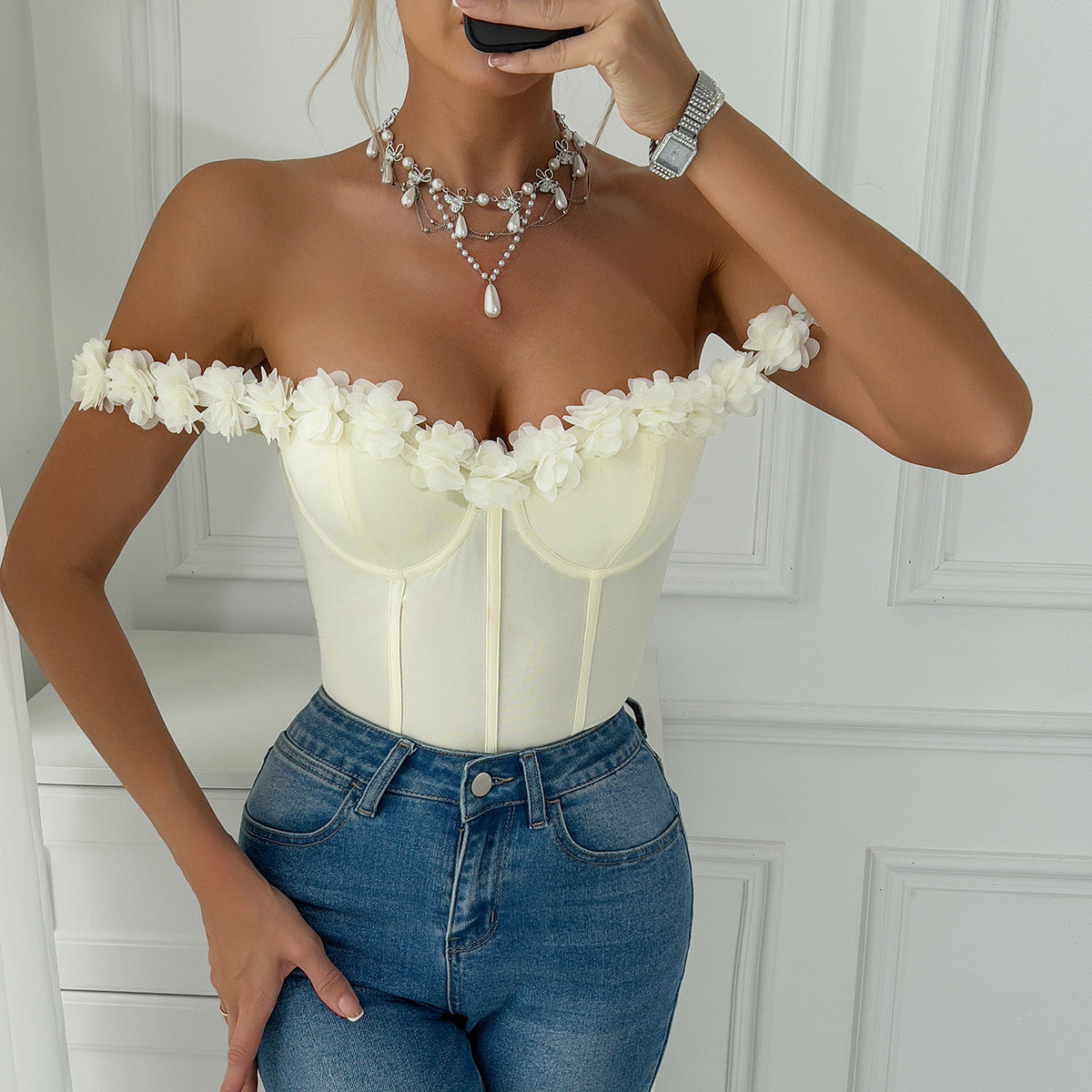 Elegant Floral Off-Shoulder Bodysuit – A Dreamy Statement Piece