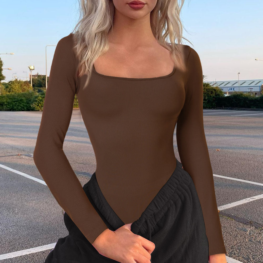 Women's Sexy Square Neck Bodysuit Long Sleeve Double Lined Shirt Tops