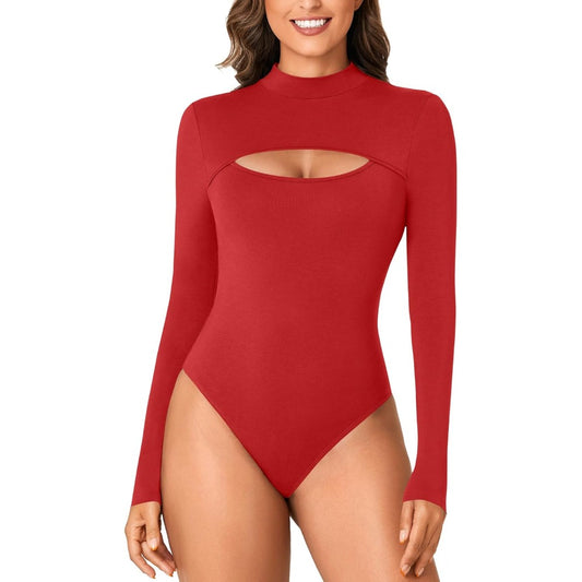 Women's Mock Neck Sexy Cutout Front Long Sleeve Slim Fit Bodysuit Leotard Top