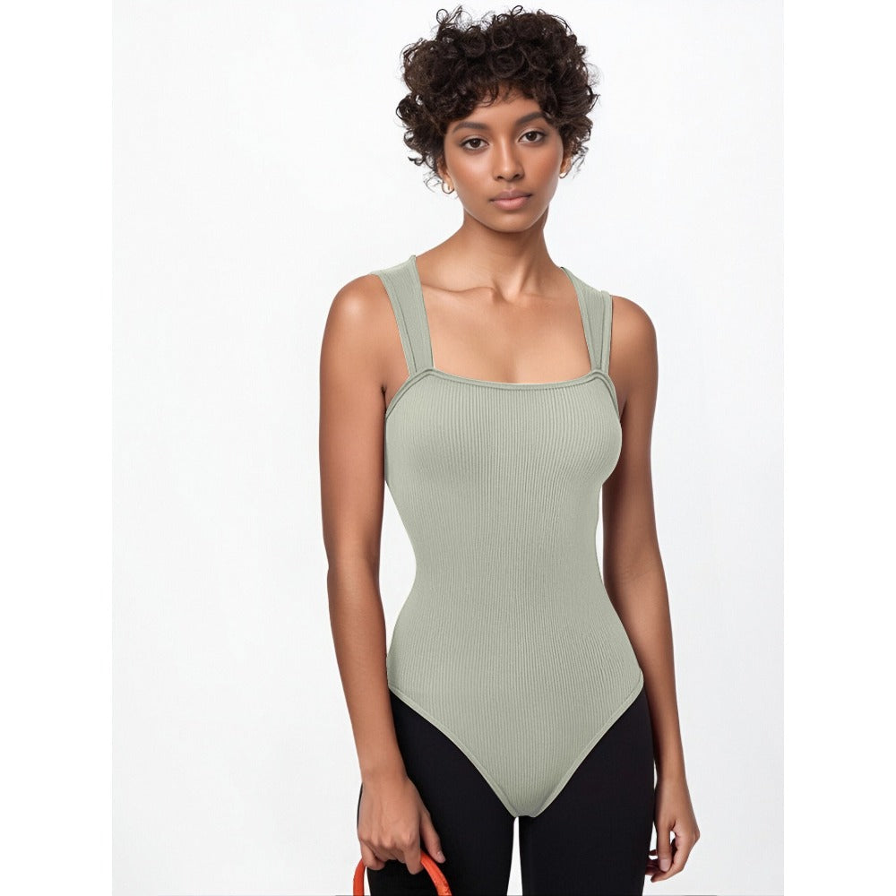 Womens  Fitness Wear Bodysuits Stretchy Underwear Sexy Ribbed Square Neck Sleeveless Stretchy Tank Tops Bodysuits Soft Lady