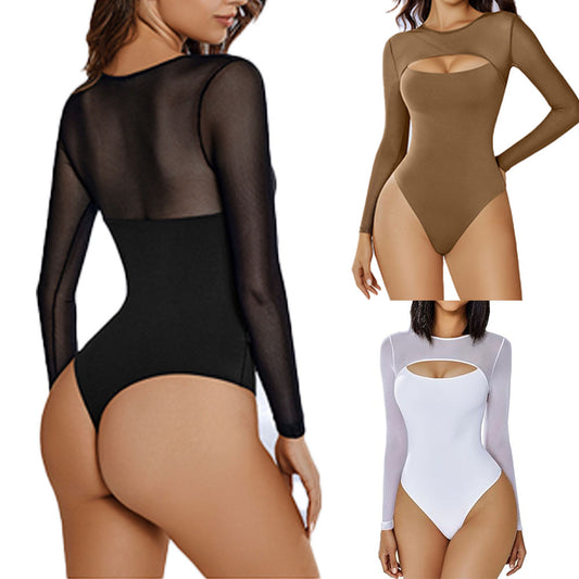 Bodysuits for Women Round Neck Shapewear Bodysuit Long Sleeve Bodysuit Sexy Mesh Top Double Lined Cutout Shirt