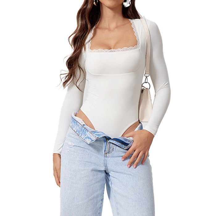 Women's Lace Bodysuit Sexy Square Neck Long Sleeve Body Suits Thong Slim Fit  Y2K Going Out Tops