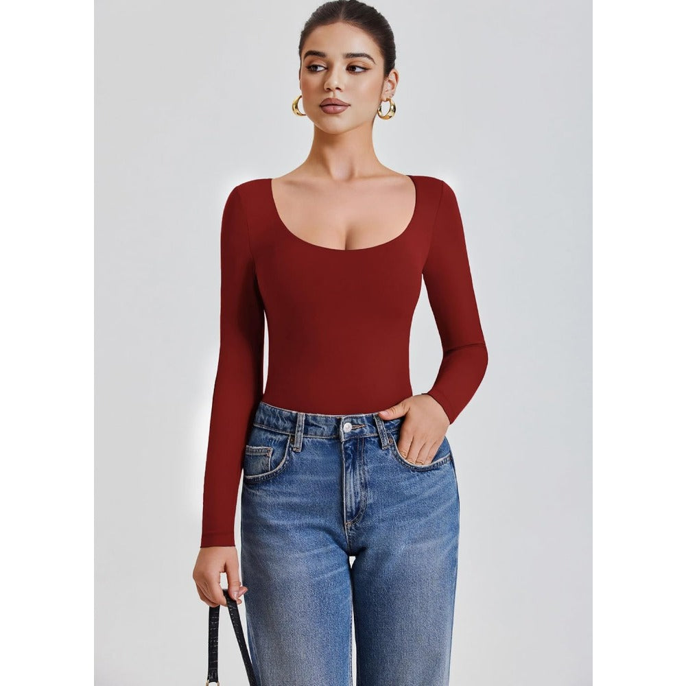 Bodysuits for Women Long Sleeve Body Suits Womens Scoop Neck Bodysuit Double Lined Tops