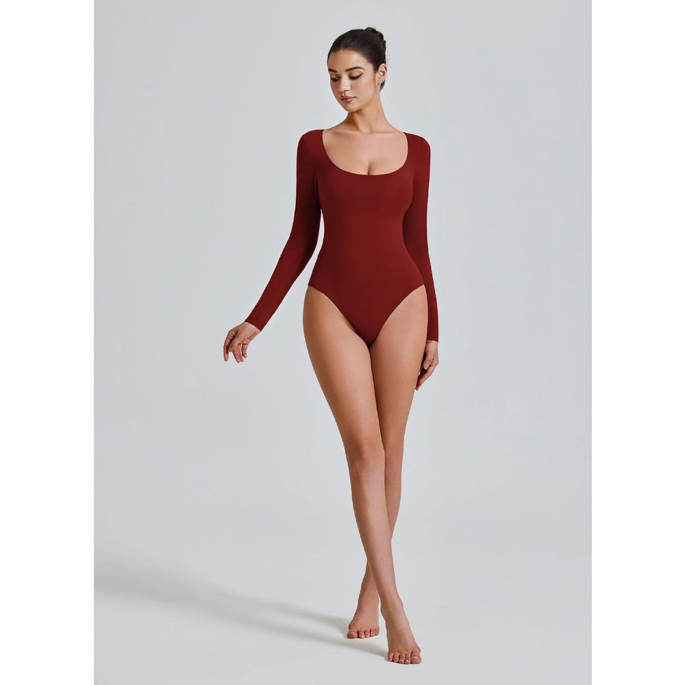 Bodysuits for Women Long Sleeve Body Suits Womens Scoop Neck Bodysuit Double Lined Tops