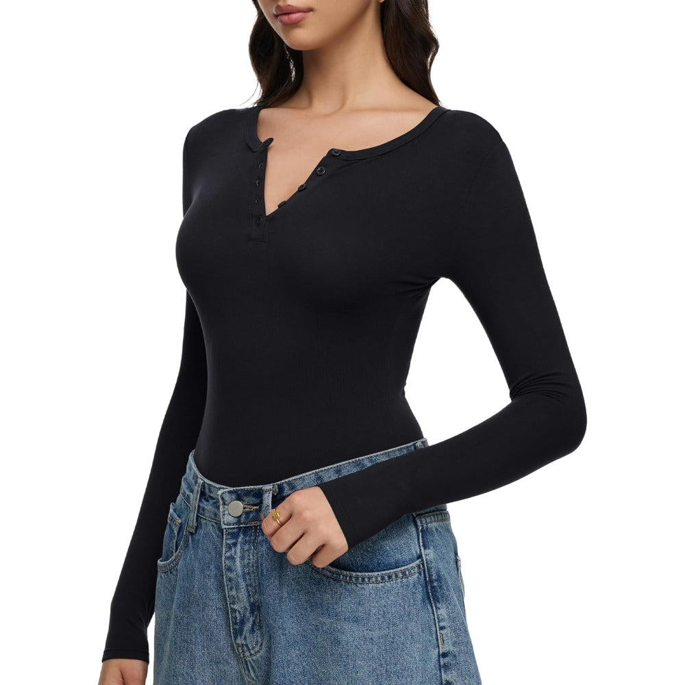 Womens V Neck Henley Bodysuit
